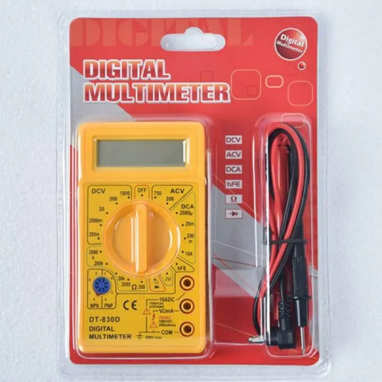 Picture of DT830D DT-830D 830D Mini Digital Multimeter Voltmeter Voltage Ammeter Ampere Ohm Meter Test Probe DC AC LCD Display AC 750V DC 1000V Buzzer Overload Protection Square Wave Output Digital Multimeter(Yellow)