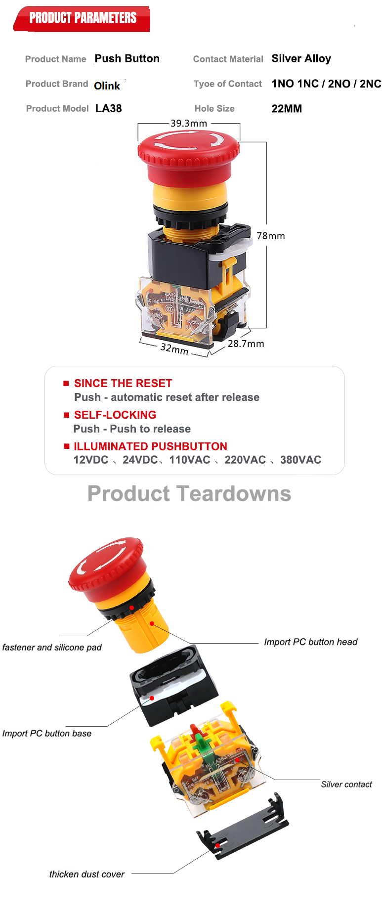 Picture of LA38 Emergency Push Button with Red Mushroom Head - Industrial Safety Stop Switch, 22mm Mounting Hole, 1NO1NC Contacts(Red)