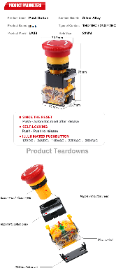 Picture of LA38 Emergency Push Button with Red Mushroom Head - Industrial Safety Stop Switch, 22mm Mounting Hole, 1NO1NC Contacts(Red)