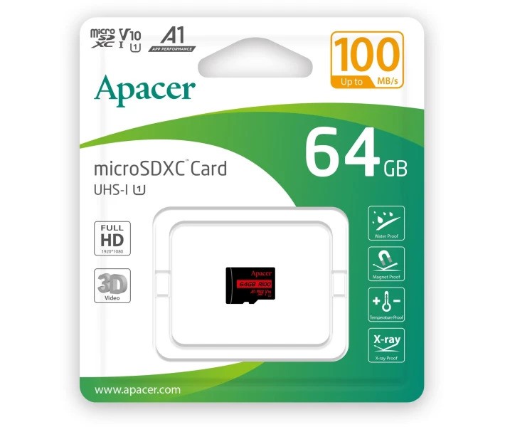 Picture of Apacer 64GB microSDXC UHS-I U1, Class10, R100 AP64GMCSX10UB-R(64GB)