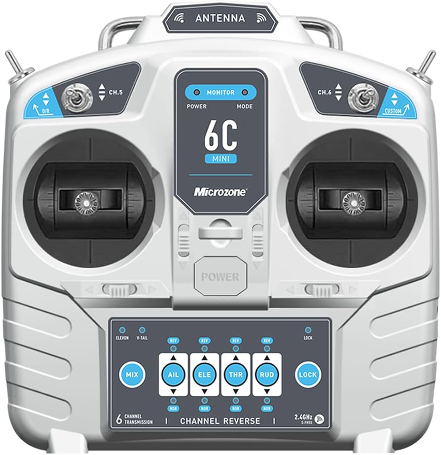 Picture of MicroZone MC6C Mini V2 – 2.4GHz 6CH Controller & Receiver Radio System for RC Airplanes, Drones, Multirotor Helicopters, and Boats(Grey)