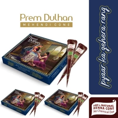 Picture of Prem Dulhan Blue Box, 350gm INDIAN Mehedi - (Pack of 12 Cones)