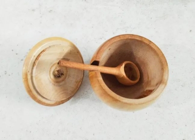 Picture of Hand Made Wooden Salt Pot with Spoon and cover - 1 pcs - Multicolor