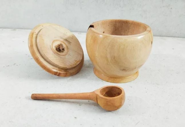 Picture of Hand Made Wooden Salt Pot with Spoon and cover - 1 pcs - Multicolor