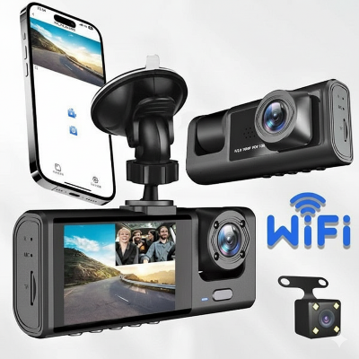 Picture of 3 Lens Car Dash Camera with WiFi & Night Vision – Front, Inside, Rear Recording(Black)