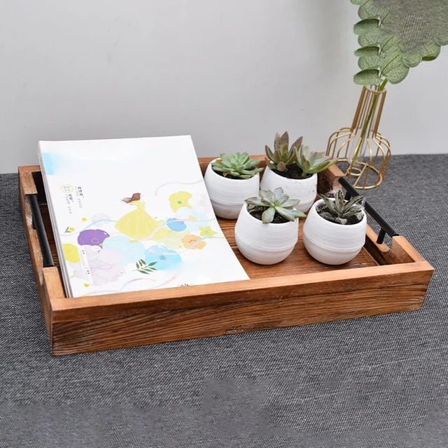 Picture of European Wooden unique design Tray Tableware Food Dessert Cake Snack Serving Tray Plate with handle - White