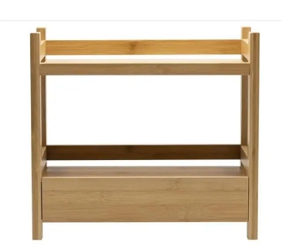Picture of 2-Tier Bamboo Countertop Shelf with Drawer Small Multi-Purpose Storage Bookshelf for Bathroom Office Makeup Kitchen Organizer - Multicolor
