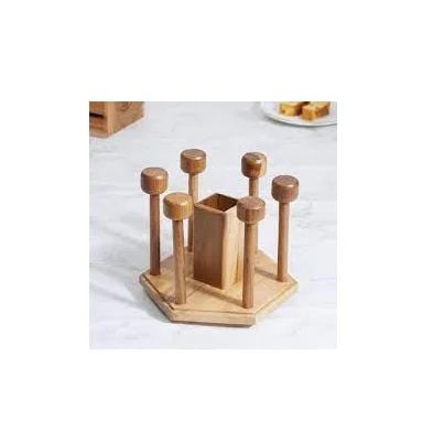 Picture of Wooden Rustic wood 6 Glass holder Display Rack Bottled Wood Rack Wine With Storage Tray Table Top quality piece - Multicolor