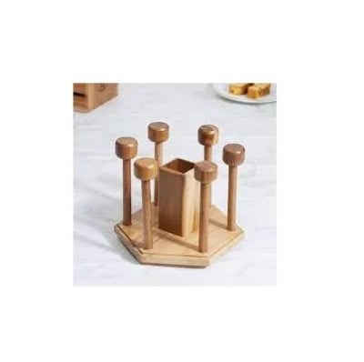 Picture of Wooden Rustic wood 6 Glass holder Display Rack Bottled Wood Rack Wine With Storage Tray Table Top quality piece - Multicolor
