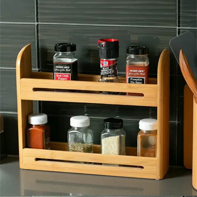 Picture of Kitchen 2 Tier Bamboo Spice Rack with Wooden Spice Storage Rack - Multicolor