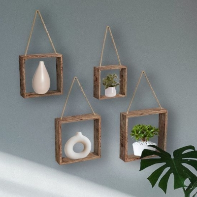 Picture of CaoXian HiHome Floating Hanging Square Shelves Wall Mounted Rustic Wood Cube Display Shelf Shadow Boxes - Multicolor