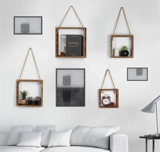 Picture of 1 PCS Floating Hanging Square Shelves Wall Mounted Rustic Wood Cube Display Shelf Shadow Boxes Decorative Boho Home Decor for Living - Multicolor
