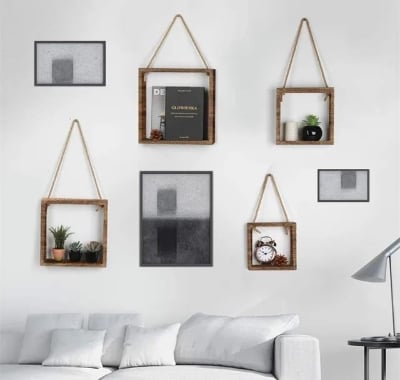 Picture of 1 PCS Floating Hanging Square Shelves Wall Mounted Rustic Wood Cube Display Shelf Shadow Boxes Decorative Boho Home Decor for Living - Multicolor