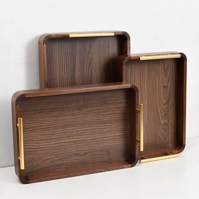 Picture of Solid Wooden Serving Decorative Coffee Table Tray Rectangle Wood Food Tray Rectangle Black Walnut Serving Tray With Handles - Multicolor