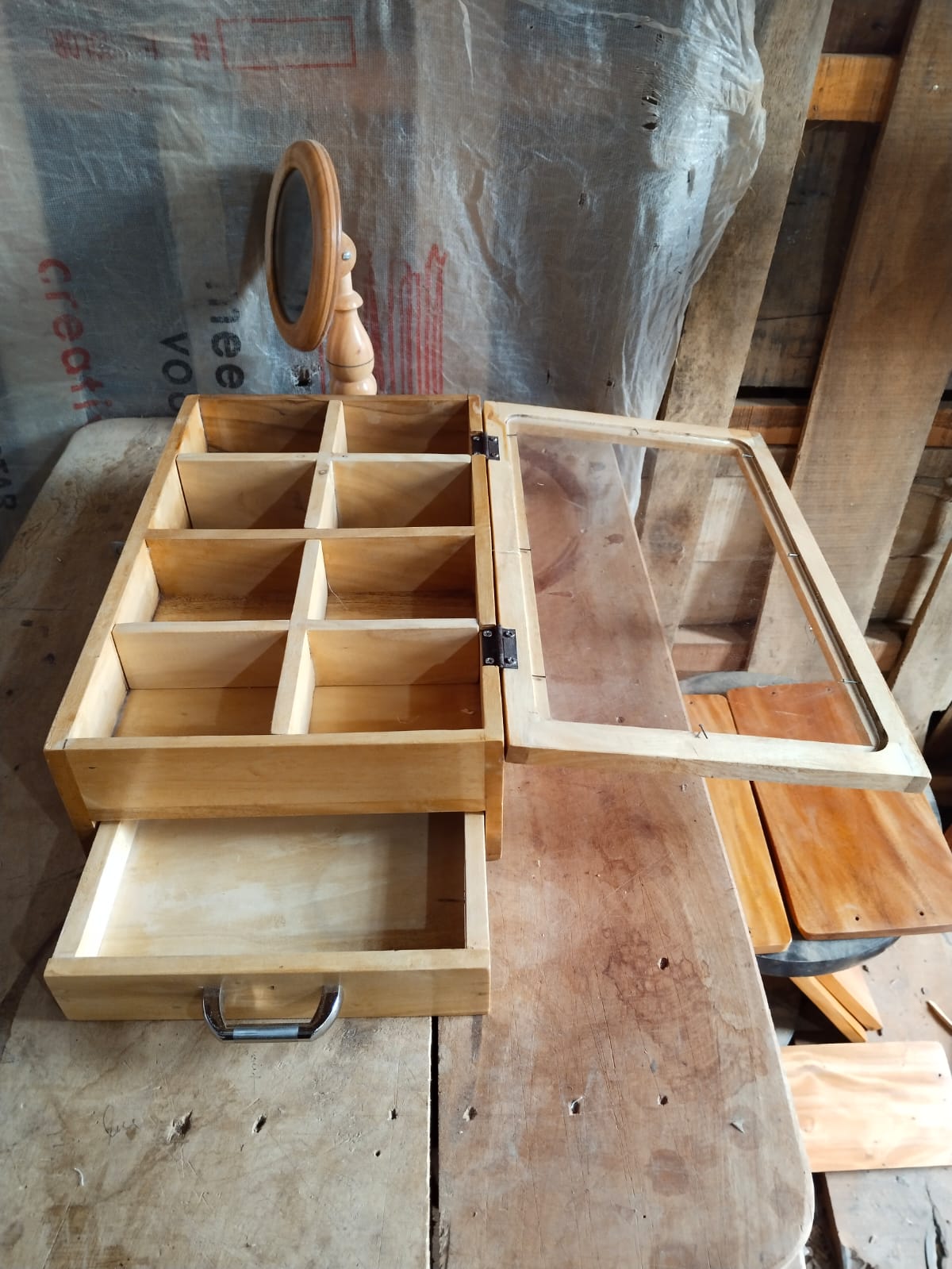 Picture of wooden jewellery box ,cosmetiscs  box tea organizer box with drawer and glass lid - Multicolor