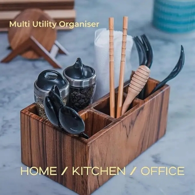 Picture of Teak Cutlery Rack, 3+1 Compartment Multi-purpose Wooden Cutlery Storage Rack, Kitchen, Dining Table Spoon Rack - Multicolor