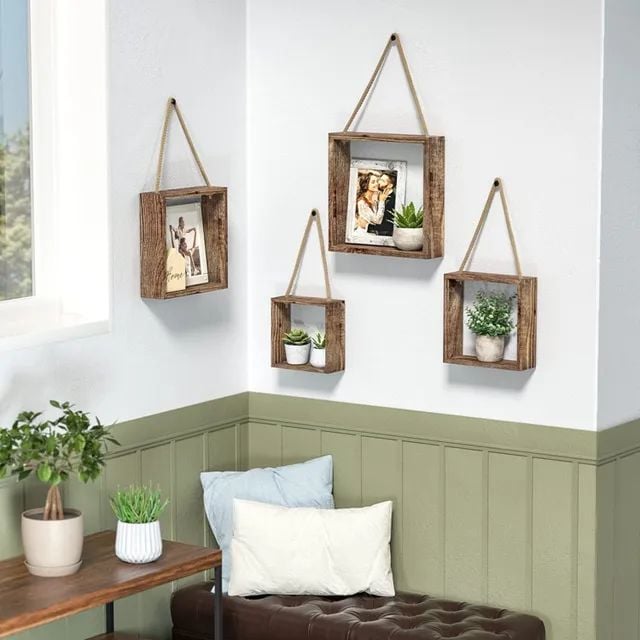 Picture of 4 pcs set Floating Hanging Square Shelves Wall Mounted Decorative Unique and Vintage Style Rustic Wood Cube Display Shelf Shadow Boxes - Multicolor