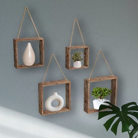 Picture of 4 pcs set Floating Hanging Square Shelves Wall Mounted Decorative Unique and Vintage Style Rustic Wood Cube Display Shelf Shadow Boxes - Multicolor