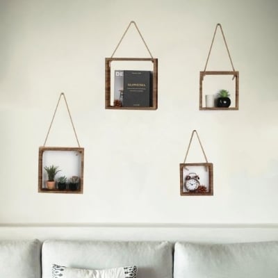 Picture of 4 pcs set Floating Hanging Square Shelves Wall Mounted Decorative Unique and Vintage Style Rustic Wood Cube Display Shelf Shadow Boxes - Multicolor
