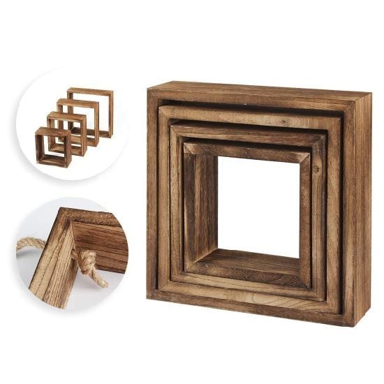 Picture of 4 pcs set Floating Hanging Square Shelves Wall Mounted Decorative Unique and Vintage Style Rustic Wood Cube Display Shelf Shadow Boxes - Multicolor
