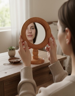 Picture of wooden mirror , wooden makeup mirror ( 7 inch  mirror with frame ) - Multicolor
