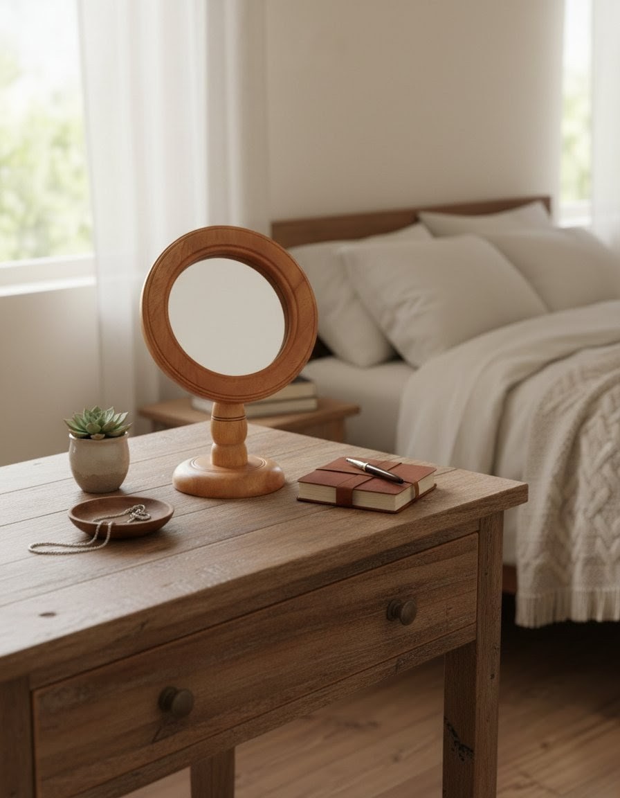 Picture of wooden mirror , wooden makeup mirror ( 7 inch  mirror with frame ) - Multicolor