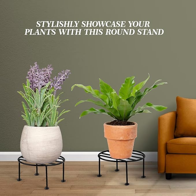 Picture of Plant Round Stand Galvanised Metal Flower Pot Holder Gamla Support Corner Rack Outdoor Display Shelf for Home Garden Balcony Decoration - (Pack of 4, Black)