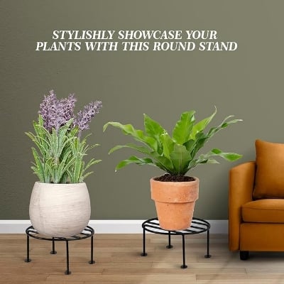 Picture of Plant Round Stand Galvanised Metal Flower Pot Holder Gamla Support Corner Rack Outdoor Display Shelf for Home Garden Balcony Decoration - (Pack of 4, Black)