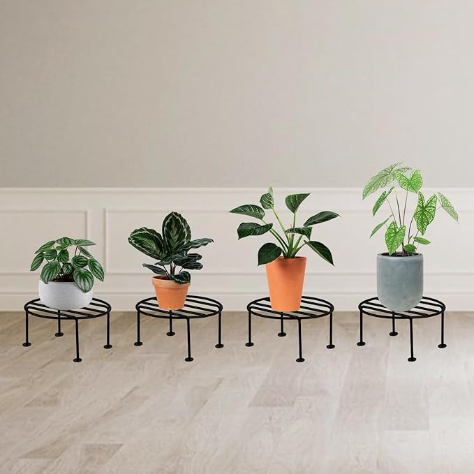 Picture of Plant Round Stand Galvanised Metal Flower Pot Holder Gamla Support Corner Rack Outdoor Display Shelf for Home Garden Balcony Decoration - (Pack of 4, Black)