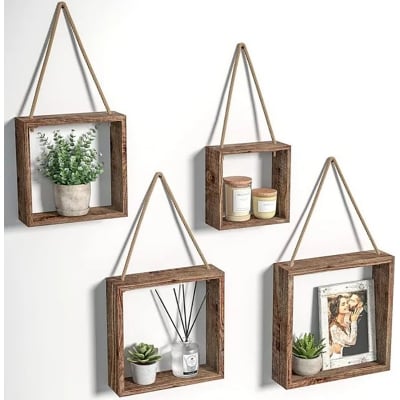 Picture of 1 PCS Floating Hanging Square Shelves Wall Mounted Rustic Wood Cube Display Shelf Shadow Boxes Decorative Boho Home Decor for Living - Multicolor