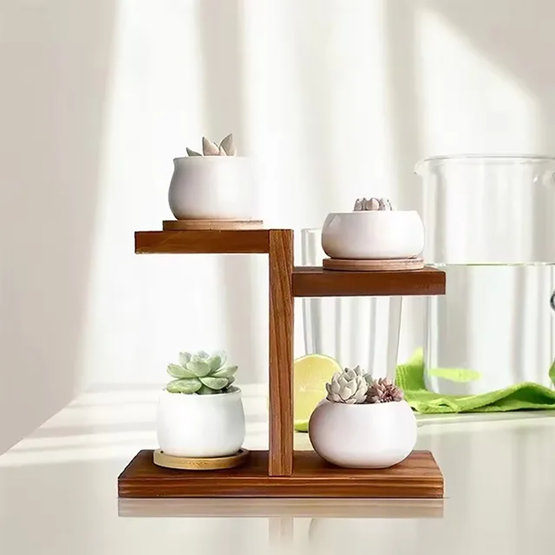 Picture of Household living room solid wood multi-layer flower shelf creative pot plant storage shelf indoor balcony flower rack ( with 4 flower vases ) - Multicolor