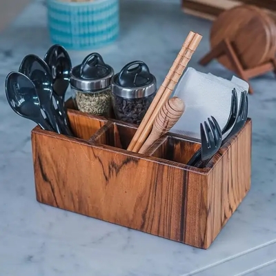Picture of Teak Cutlery Rack, 3+1 Compartment Multi-purpose Wooden Cutlery Storage Rack, Kitchen, Dining Table Spoon Rack - Multicolor