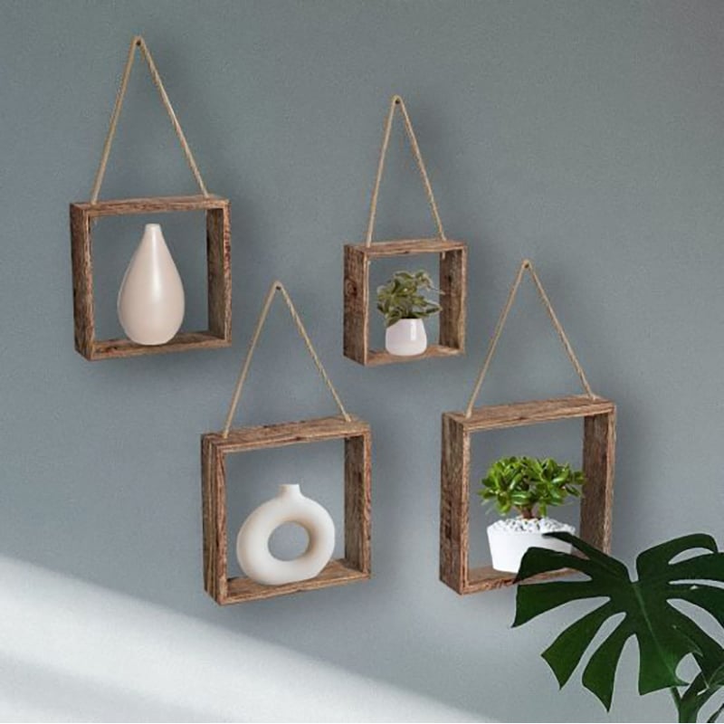Picture of 4 pcs set Floating Hanging Square Shelves Wall Mounted Decorative Unique and Vintage Style Rustic Wood Cube Display Shelf Shadow Boxes - Multicolor