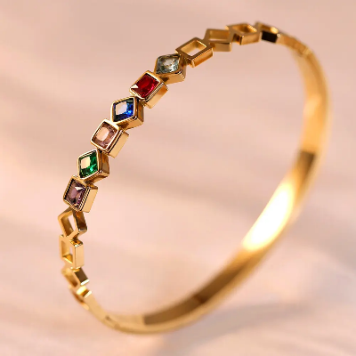 Picture of Rainbow Prism Geometric Bangle | 2 Years Color Guaranteed Golden