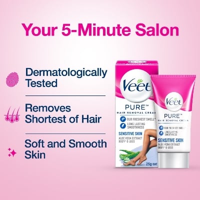 Picture of Veet Pure™ Hair Removal Cream 25g Normal Skin for Body & Legs, Freshest Smell with Organic Aloe Vera and Rose Extract, Dermatologically Tested - Hair Removal 25 gm