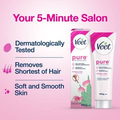 Picture of Veet Pure™ Hair Removal Cream 25g Normal Skin for Body & Legs, Freshest Smell with Organic Aloe Vera and Rose Extract, Dermatologically Tested - Hair Removal 25 gm