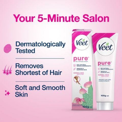 Picture of Veet Pure™ Hair Removal Cream 100g Normal Skin for Body & Legs, Freshest Smell with With Organic Aelo Vera and Rose Extract, Dermatologically Tested - Hair Removal