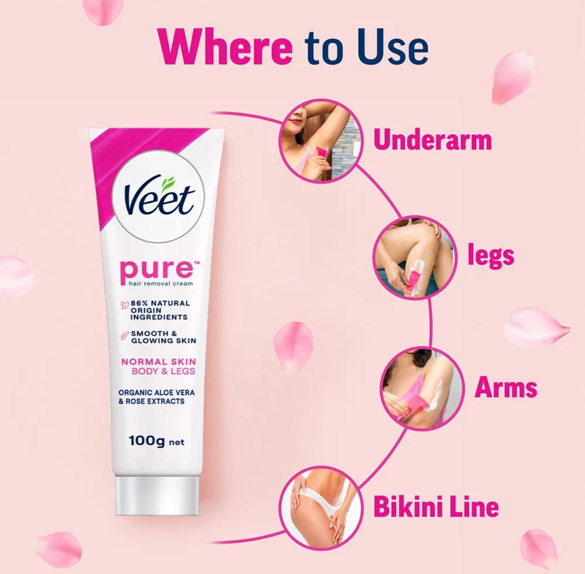 Picture of Veet Pure™ Hair Removal Cream 100g Normal Skin for Body & Legs, Freshest Smell with With Organic Aelo Vera and Rose Extract, Dermatologically Tested - Hair Removal