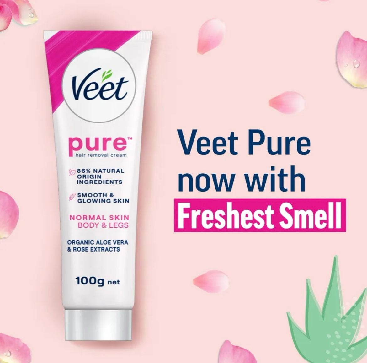 Picture of Veet Pure™ Hair Removal Cream 100g Normal Skin for Body & Legs, Freshest Smell with With Organic Aelo Vera and Rose Extract, Dermatologically Tested - Hair Removal