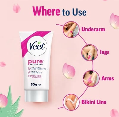 Picture of Veet Pure™ Hair Removal Cream 50g Normal Skin for Body & Legs, Freshest Smell with Organic Aloe Vera and Rose Extract, Dermatologically Tested - Hair Removal 50gm