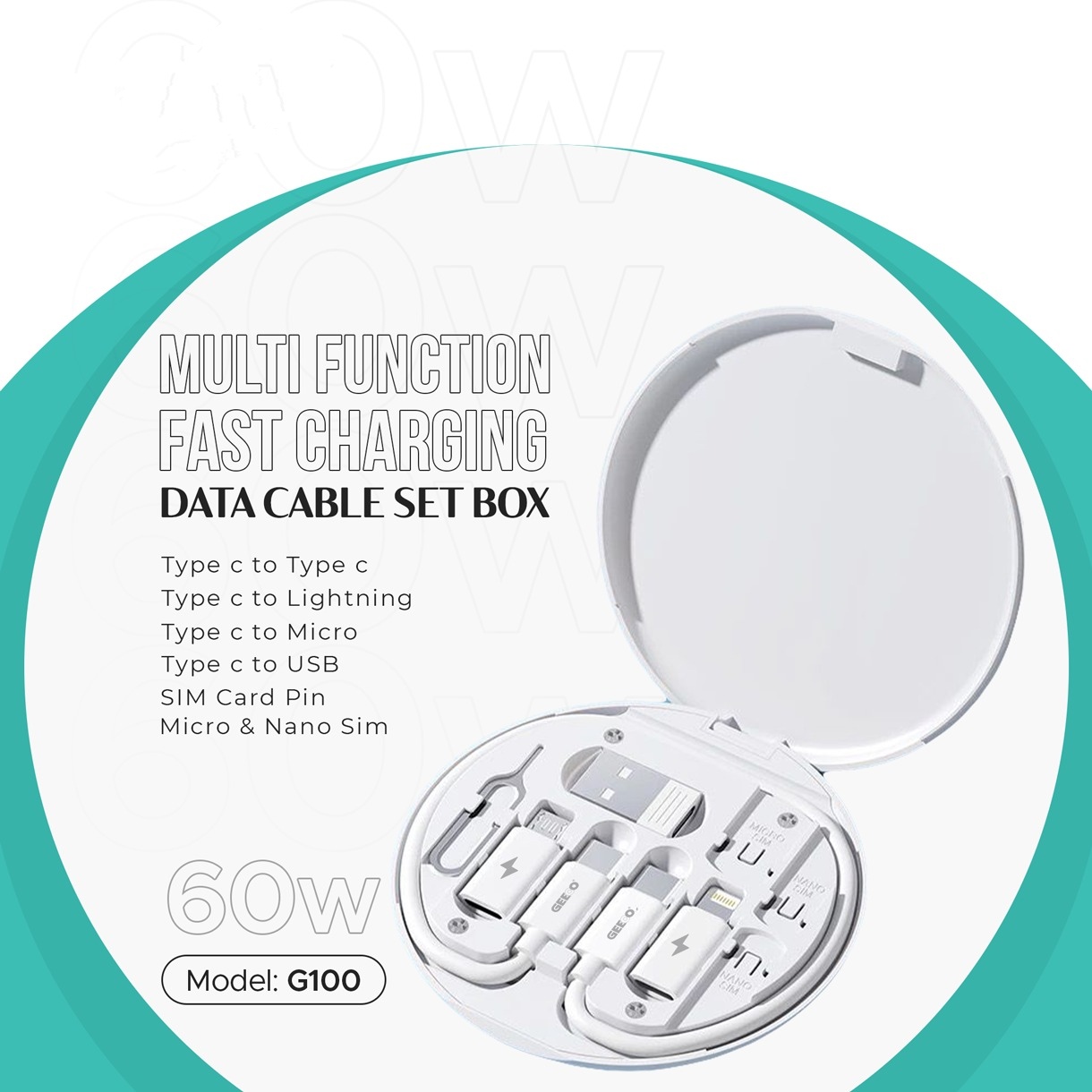 Picture of Geeoo G100 Multi Function Fast Charging Data Cable Kit With Type-C to Micro, Type-C to Lightning, Type-C to USB Converter, SIM Card Pin, Micro & Nano SIM Slot - White