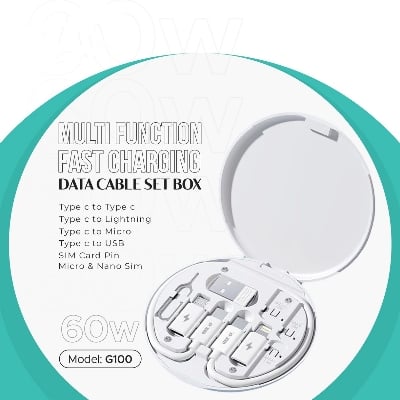 Picture of Geeoo G100 Multi Function Fast Charging Data Cable Kit With Type-C to Micro, Type-C to Lightning, Type-C to USB Converter, SIM Card Pin, Micro & Nano SIM Slot - White