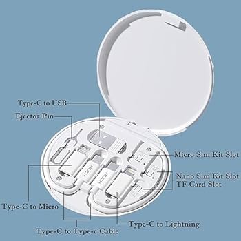 Picture of Geeoo G100 Multi Function Fast Charging Data Cable Kit With Type-C to Micro, Type-C to Lightning, Type-C to USB Converter, SIM Card Pin, Micro & Nano SIM Slot - White