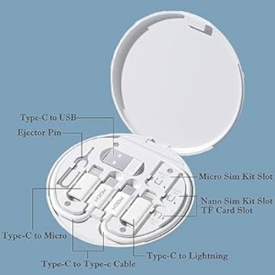 Picture of Geeoo G100 Multi Function Fast Charging Data Cable Kit With Type-C to Micro, Type-C to Lightning, Type-C to USB Converter, SIM Card Pin, Micro & Nano SIM Slot - White