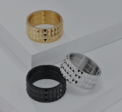 Picture of Exaggerated Diamond-shaped Stainless Steel Non-gender Unisex Personality Titanium 10mm Black/Golden/Silver Wide Ring Fashion Jewelry