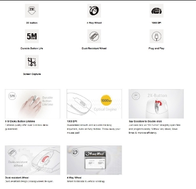 Picture of A4tech OP-730D 2x Click Optical Wired Mouse - 1000 DPI - Optical Sensor - Double click Button - 4-Way Wheel - Black