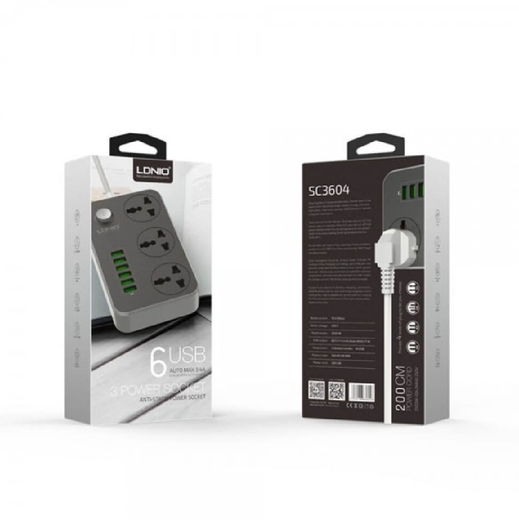 Picture of LDNIO Power Strips 3 Socket with 6 USB Port For Charging - Dark Grey - Grey