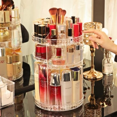 Picture of Cosmetics Organizer 360 Degree Diamond Rotatable Cosmetics Storage Box - White
