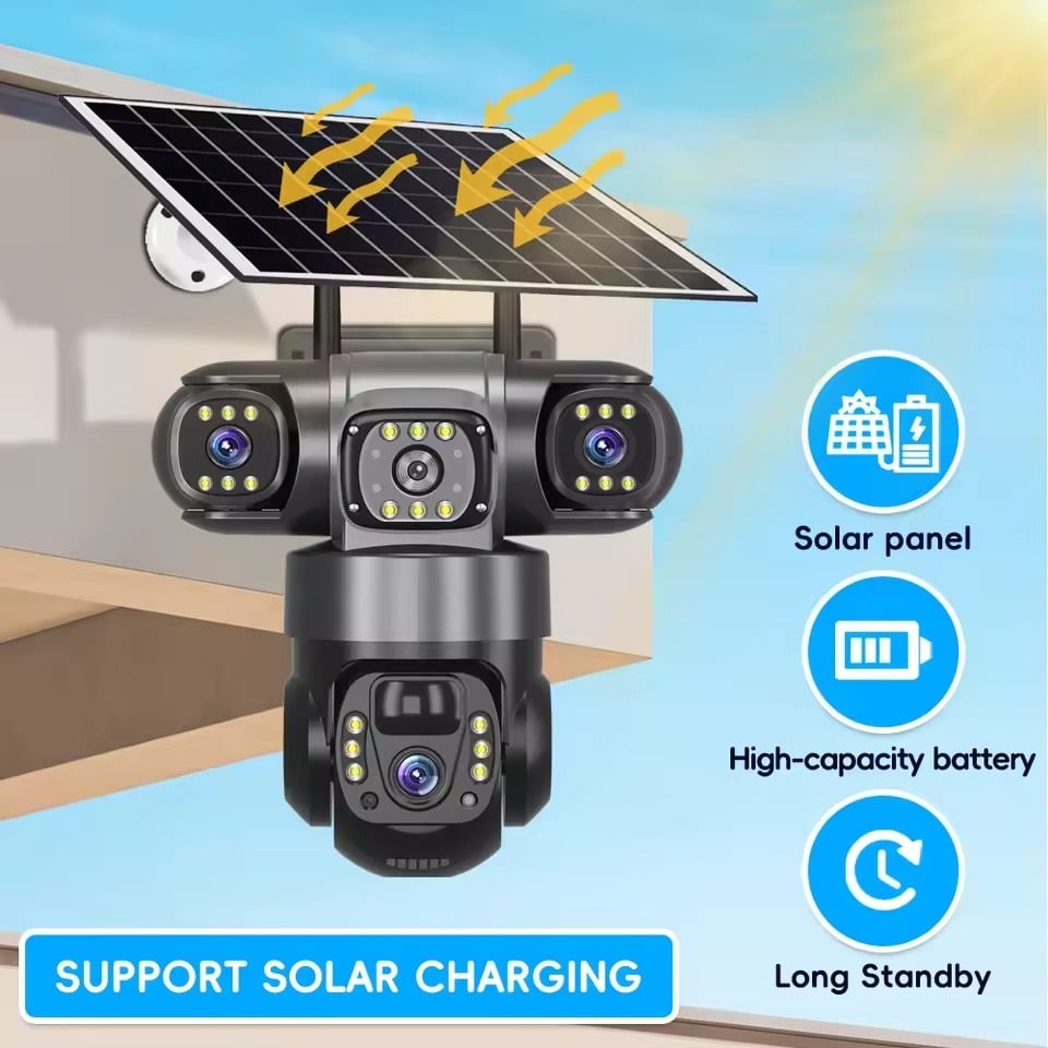 Picture of Solar 4G V380 Pro 3 three Lens Waterproof 4G Sim Support Solar system Battery Backup 9MP Full HD IP Camera. 360 Degree Wide Angle Auto Tracking Color Night Vision Two Way Audio PTZ IP Camera CCTV Security Camera - Black