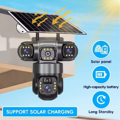 Picture of Solar 4G V380 Pro 3 three Lens Waterproof 4G Sim Support Solar system Battery Backup 9MP Full HD IP Camera. 360 Degree Wide Angle Auto Tracking Color Night Vision Two Way Audio PTZ IP Camera CCTV Security Camera - Black